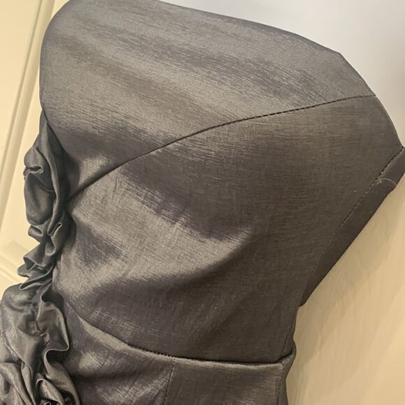 Mystic Sz Small Strapless Gun Metal Gray Metallic Flower Ruffled Mini Prom Dress - Picture 6 of 11